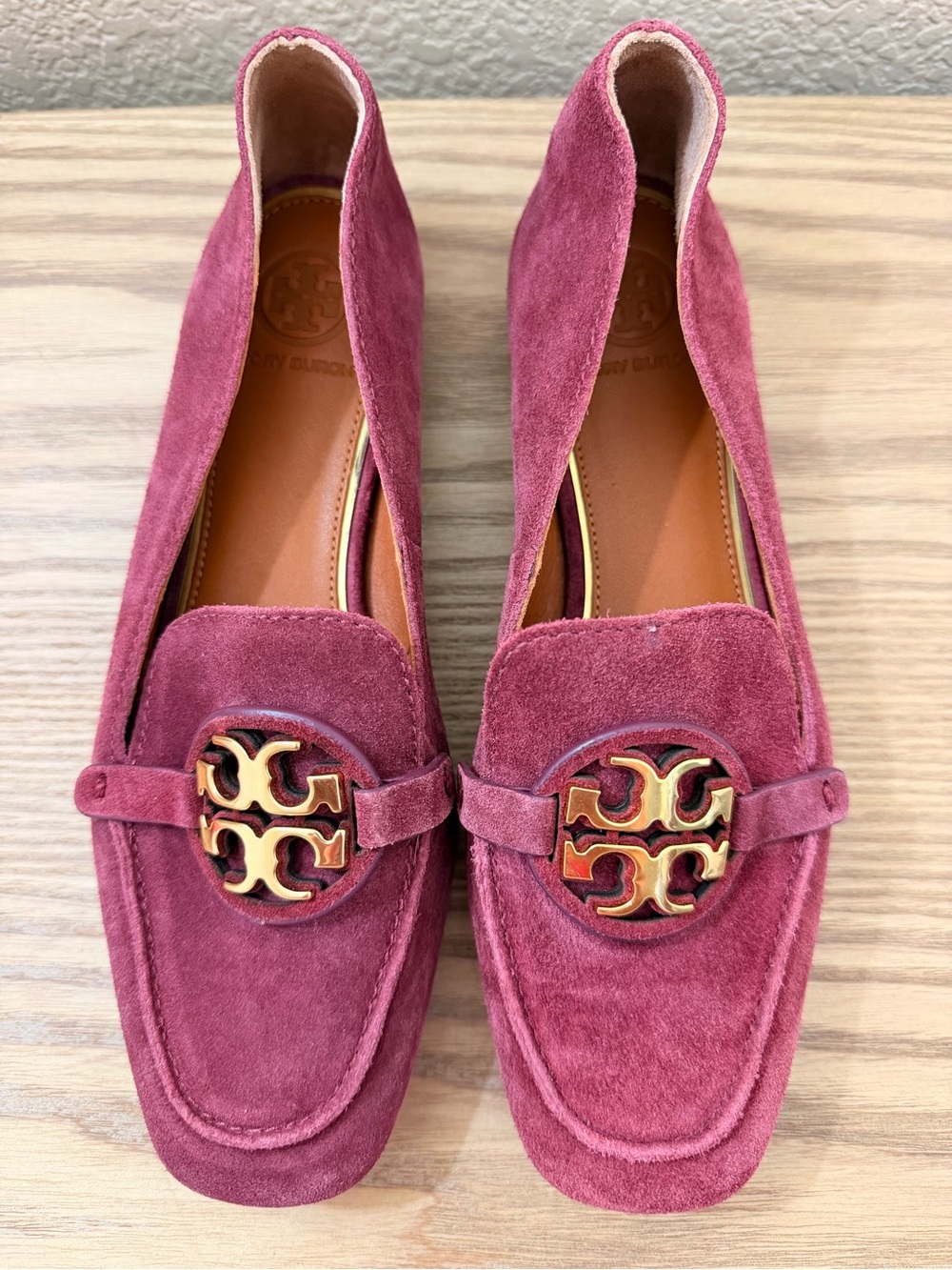 Tory Burch miller square toe Suede Loafers in Berry with Gold Logo